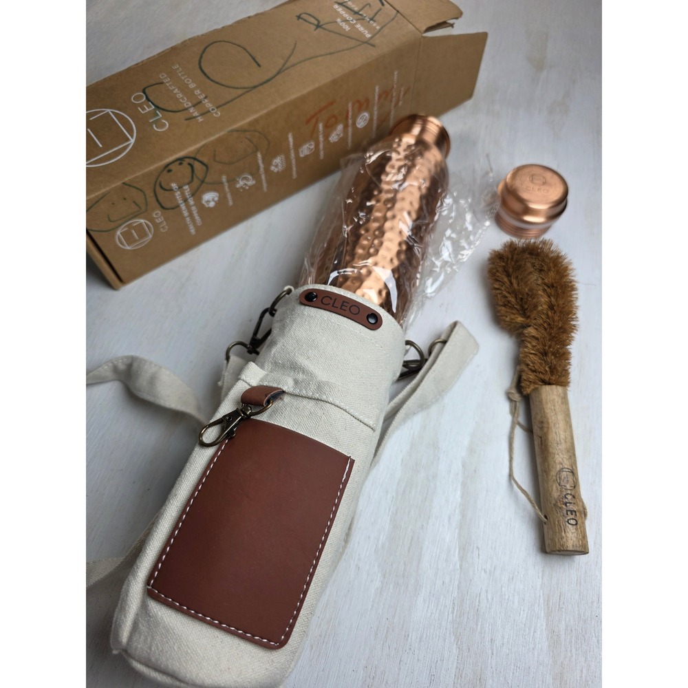 CLEO Handcrafted Hammered Pure Copper Water Bottle 32oz with Canvas Sleeve Brush